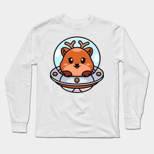 Cute deer flying with spaceship ufo cartoon Long Sleeve T-Shirt